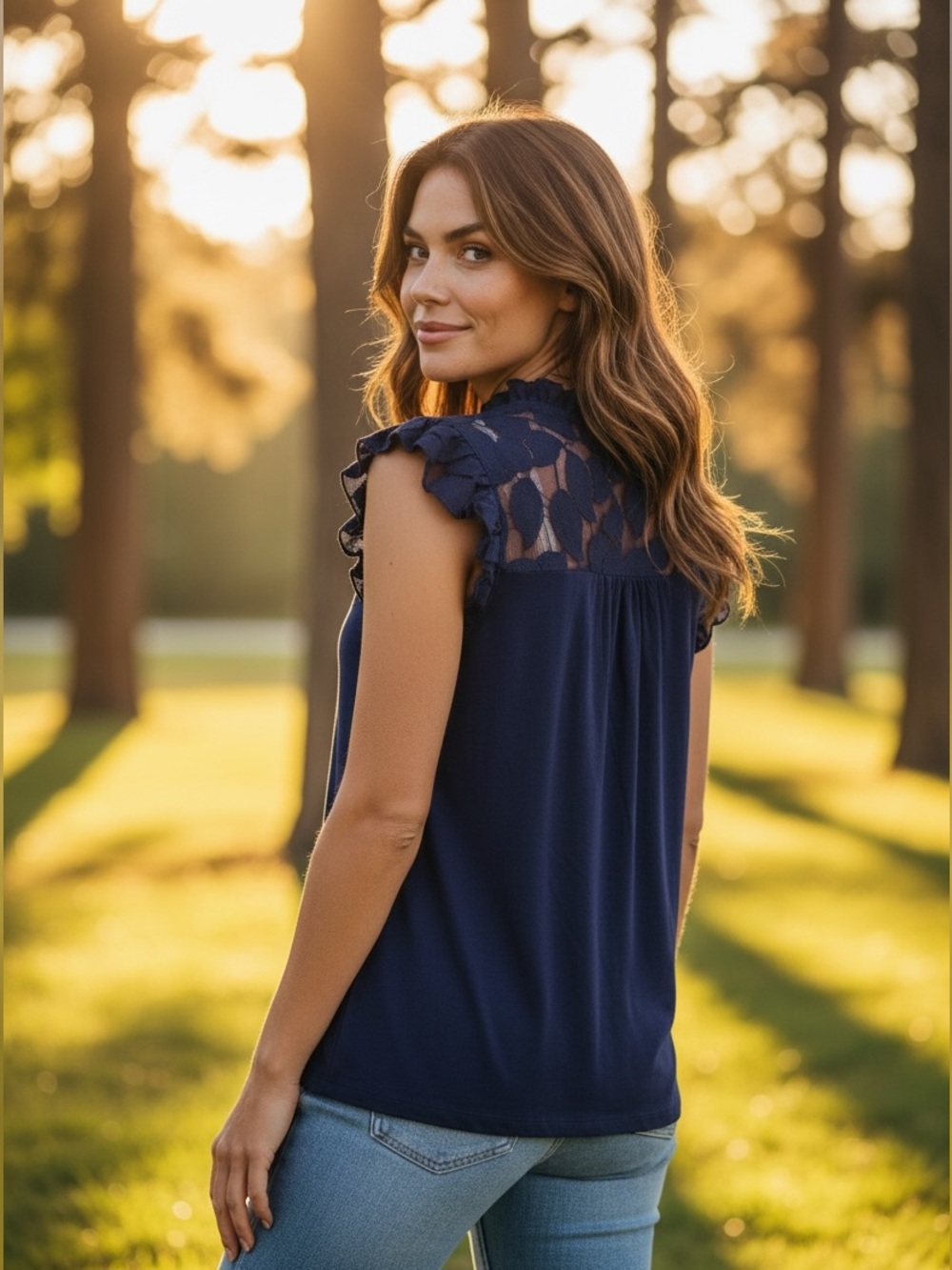 🌀 Forever 21 Lace Yoke Cap Sleeve Top in Navy Blue | Women’s Sz Med - Picture 5 of 7